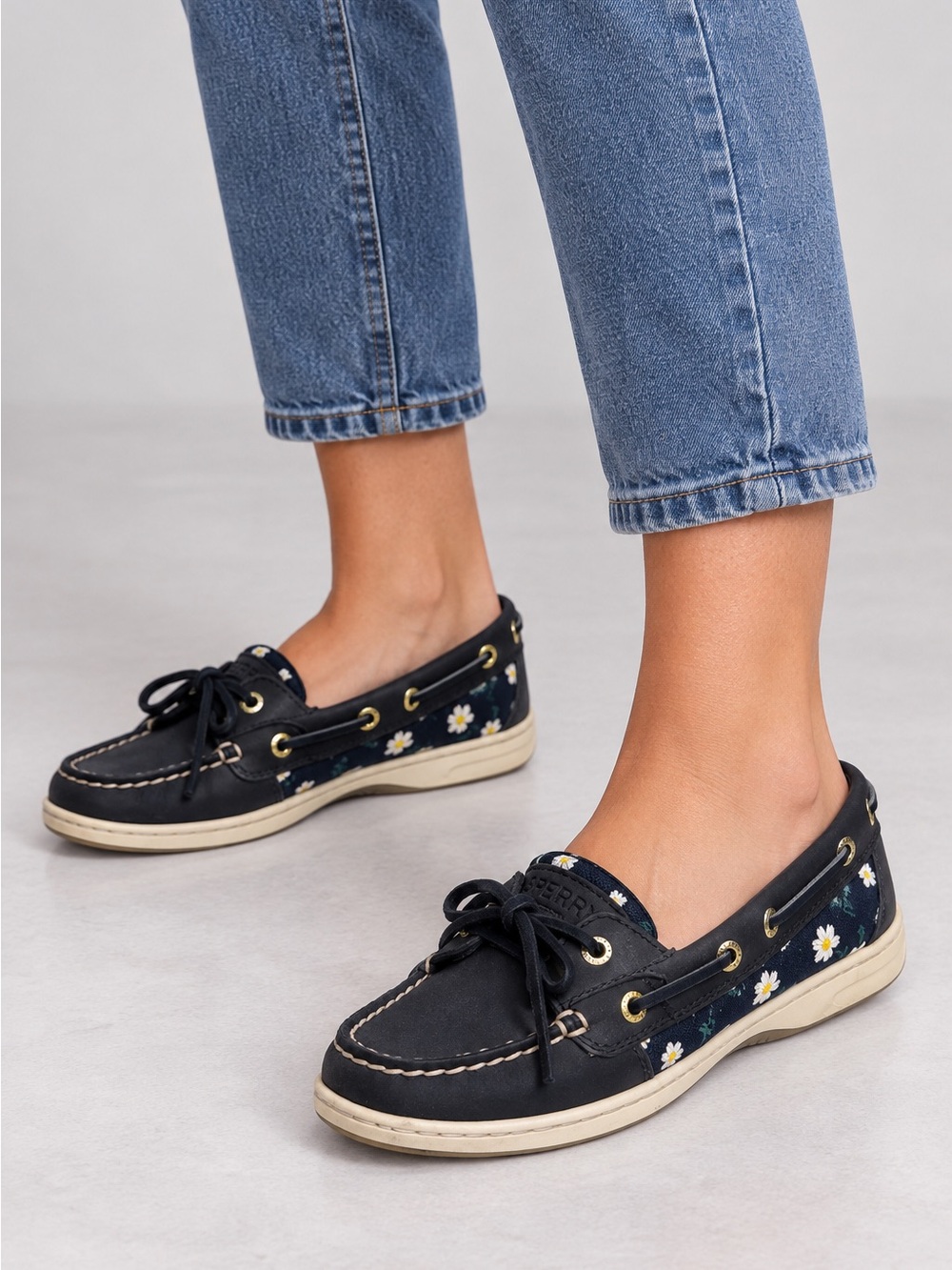 Sperry Navy Boat Shoes with White & Yellow Daisy Embroidery - Women's